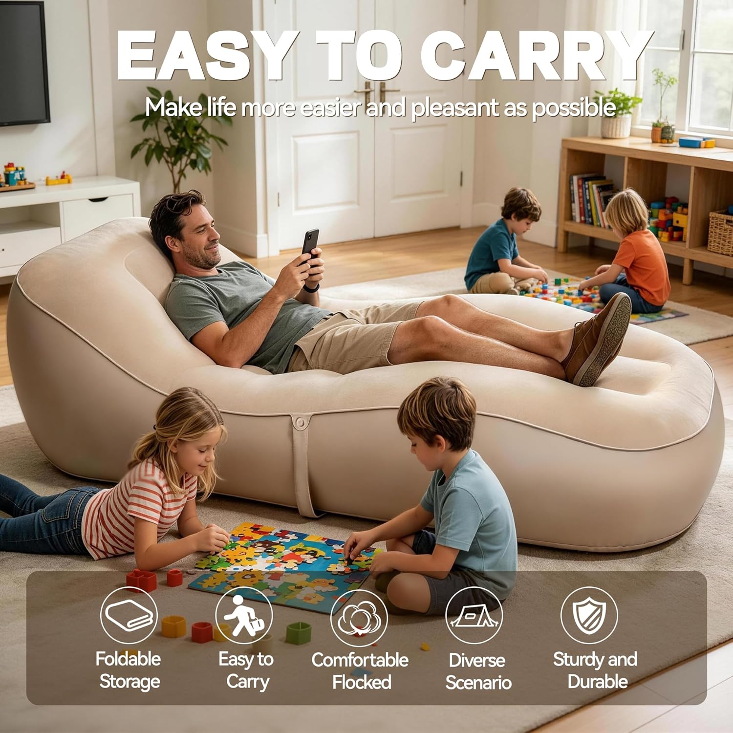 FluSing Inflatable Couch for Camping, Blow-Up Couch for Adults with Storage Bag, Heavy Duty Flocked Inflatable Sofa Bed Indoor, Portable Air Sofa Bed Mattress,Comfortable Inflatable Air Sofa |No Pump - Image 5